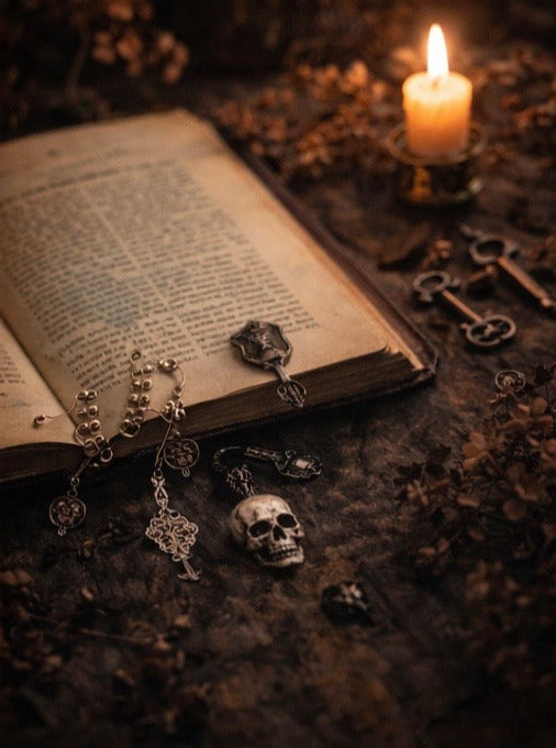 open book with mystical gothic stitch markers